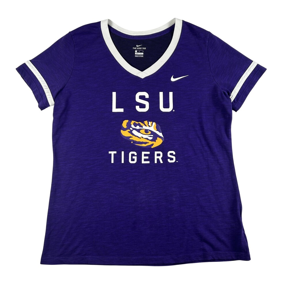 LSU Tigers Shirt Womens Large Purple Short Sleeve NCAA Football Nike Dri Fit